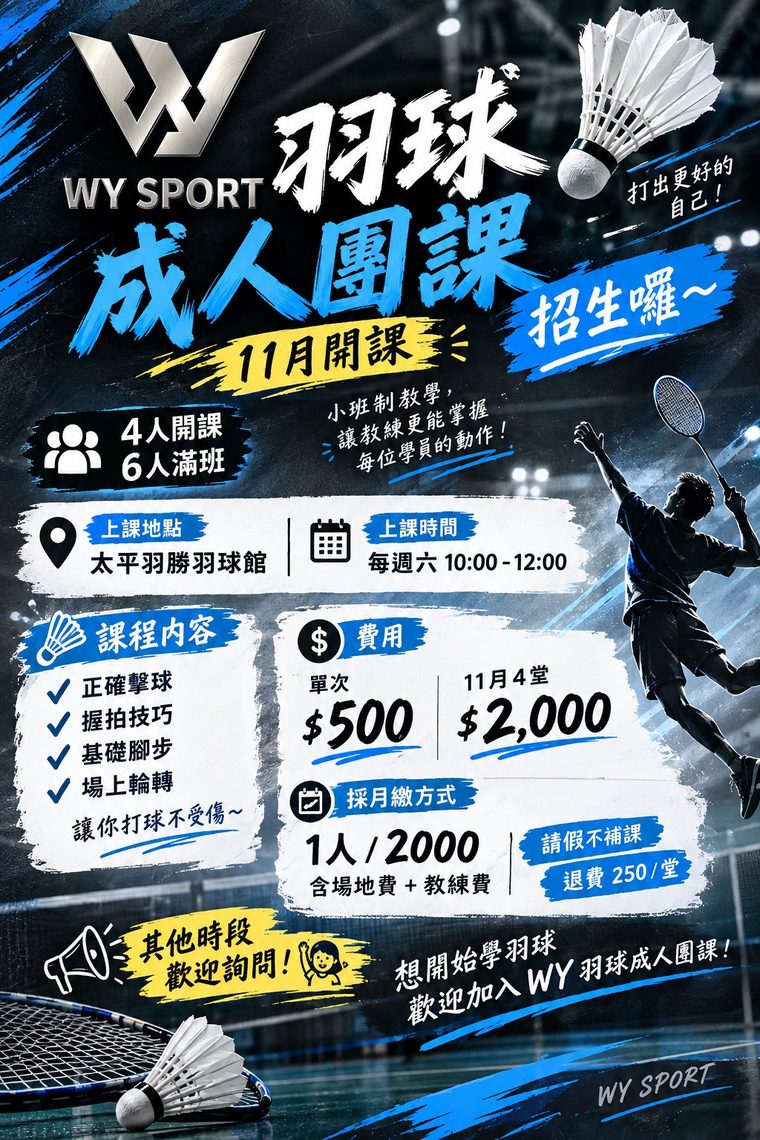 11 月羽球成人團課海報（太平羽勝・週六上午）：羽球成人團課招生囉，11 月開課，小班制教學，4 人開課、6 人滿班。上課地點太平羽勝羽球館，每週六 10:00～12:00。課程內容有正確擊球、握拍技巧、基礎腳步、場上輪轉，讓你打球不受傷。費用：單次 500 元、11 月 4 堂 2,000 元；採月繳方式，1 人 2,000 元，含場地費與教練費；請假不補課、退費每堂 250 元。其他時段歡迎詢問。